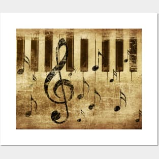 Vintage music notes and piano keys Posters and Art